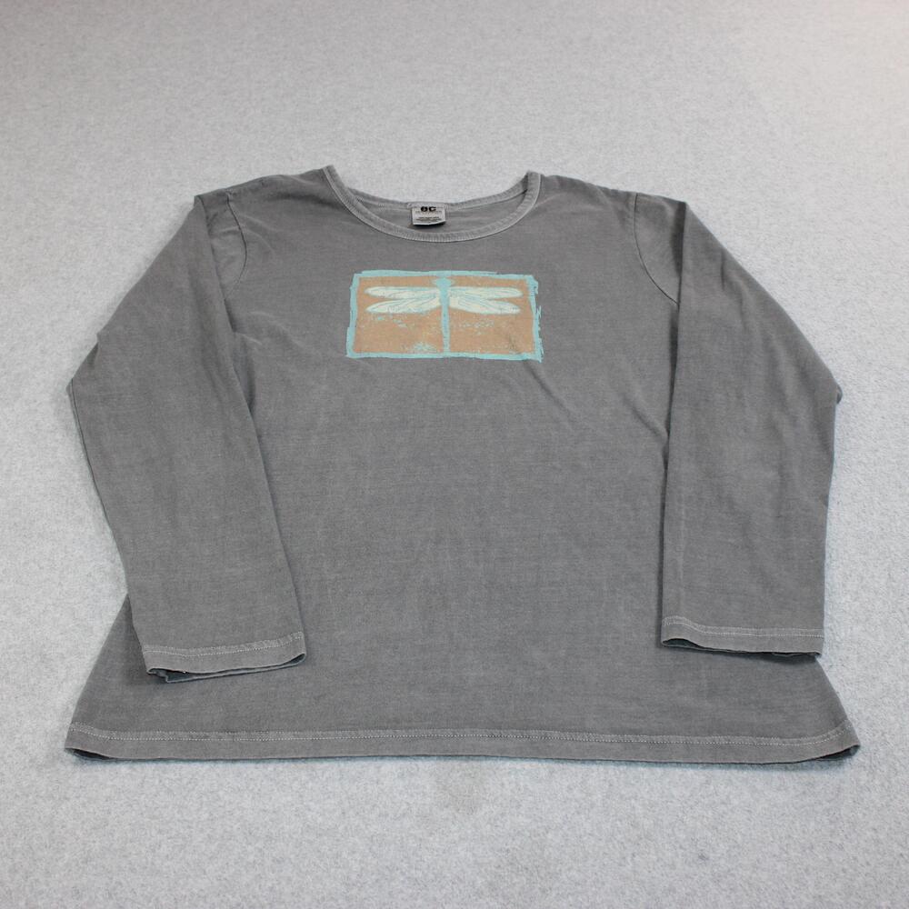 Earth Creations Shirt Women Large Gray Dragonfly Long Sleeve Organic Cotton USA